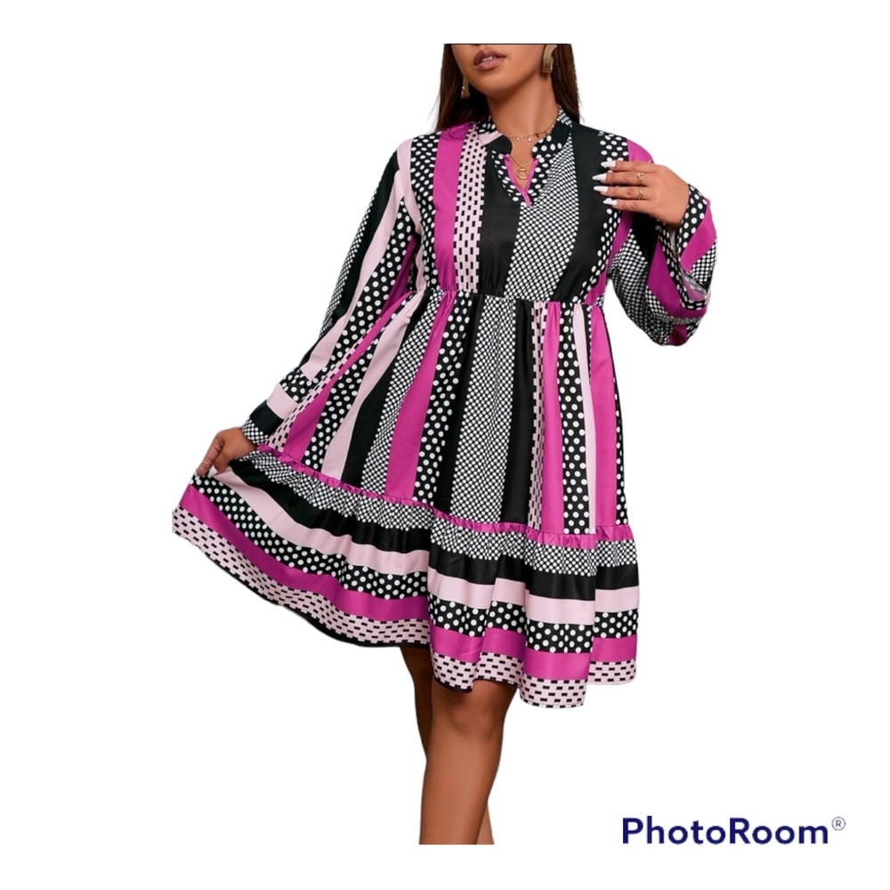 Plus Patchwork Print Flounce Sleeve Ruffle Hem Dress - Picture 2 of 2